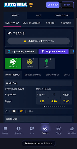 The BetReels homepage showing a welcome bonus offer and sports navigation
