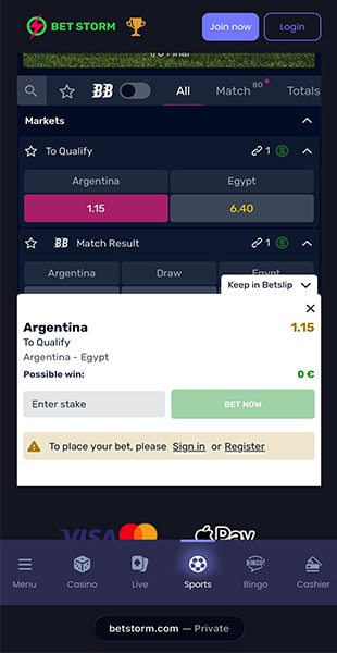 BetStorm betslip open with Argentina to qualify selected and stake entry prompt