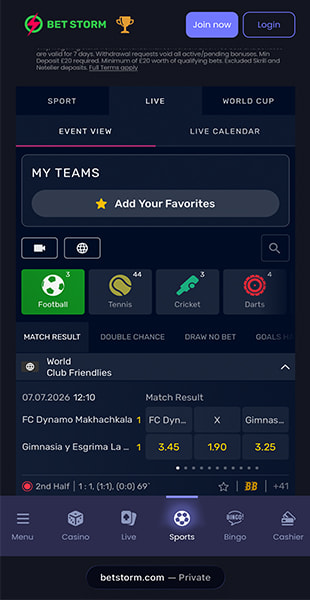 Filtering matches by sport and viewing live Club Friendlies odds on BetStorm