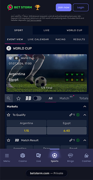 World Cup match page showing Argentina vs Egypt odds and recent form on BetStorm