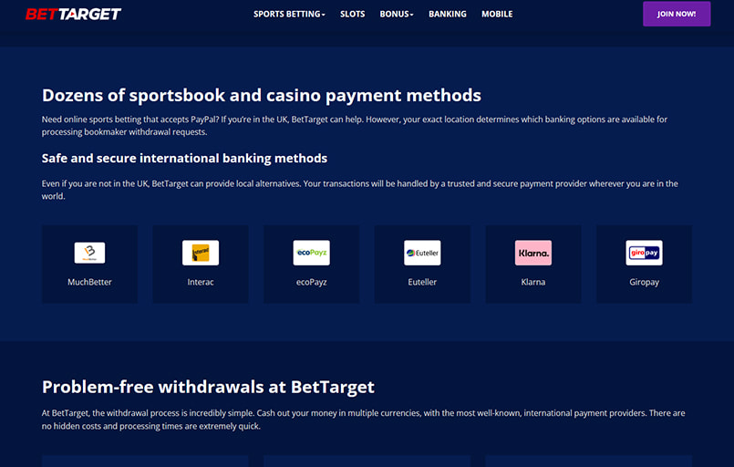 Screenshot of BetTarget withdrawal page