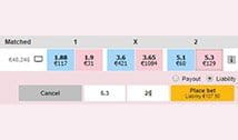 The betting exchange markets at Smarkets, showing the lay bet being selected