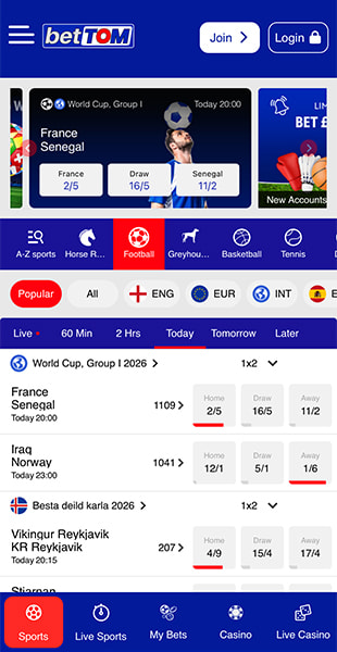 Selecting match odds on the betTOM app