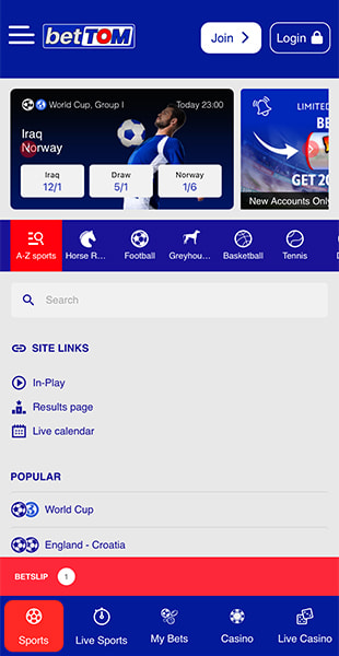 Choosing a sport on the betTOM app
