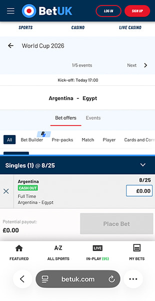 Reviewing the betslip for Argentina to win before placing a bet on BetUK