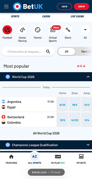 Browsing football sports on the BetUK site with World Cup 2026 odds