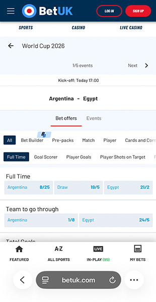 Full time and other bet markets for Argentina vs Egypt on BetUK