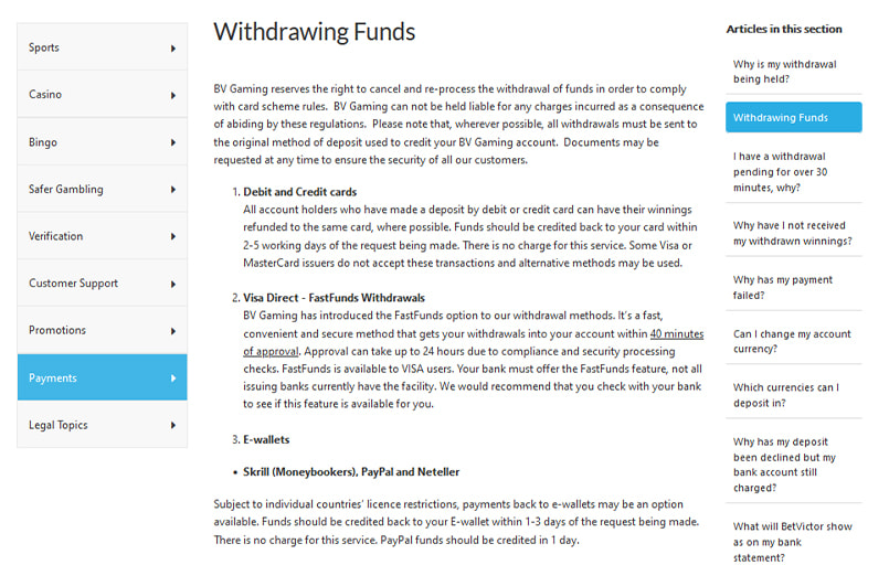Screenshot of BetVictor withdrawal page