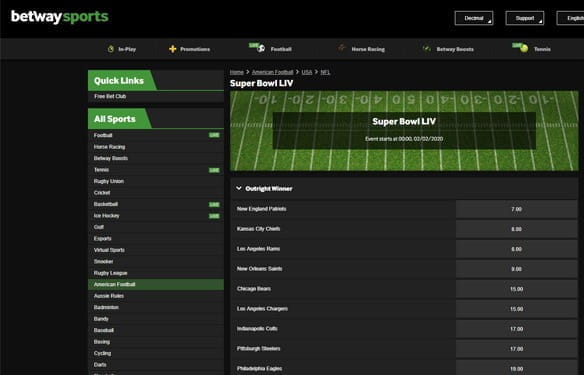 Betway American football hub screen