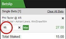 The Betway bet slip with amounts entered.