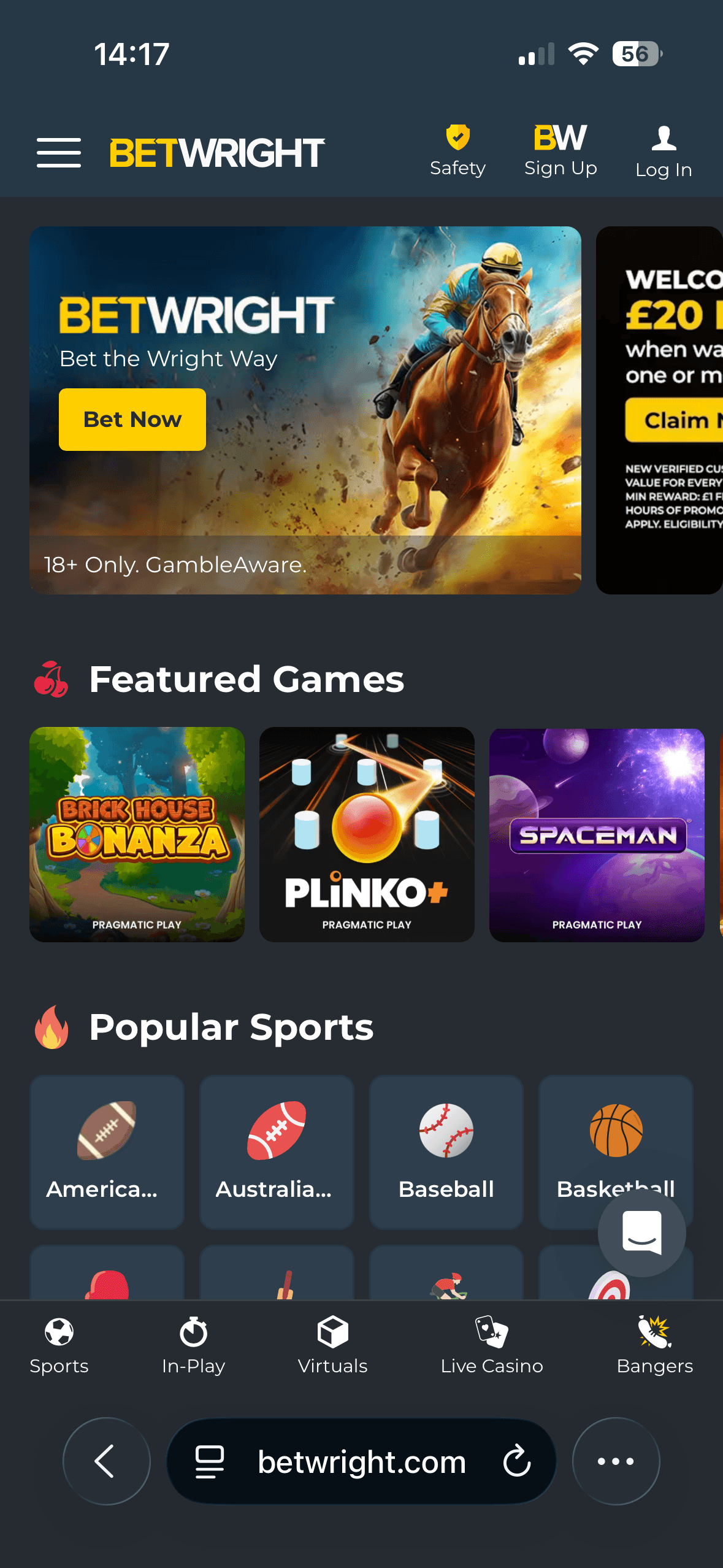 BetWright mobile site homepage showing a Bet the Wright Way banner and featured casino games
