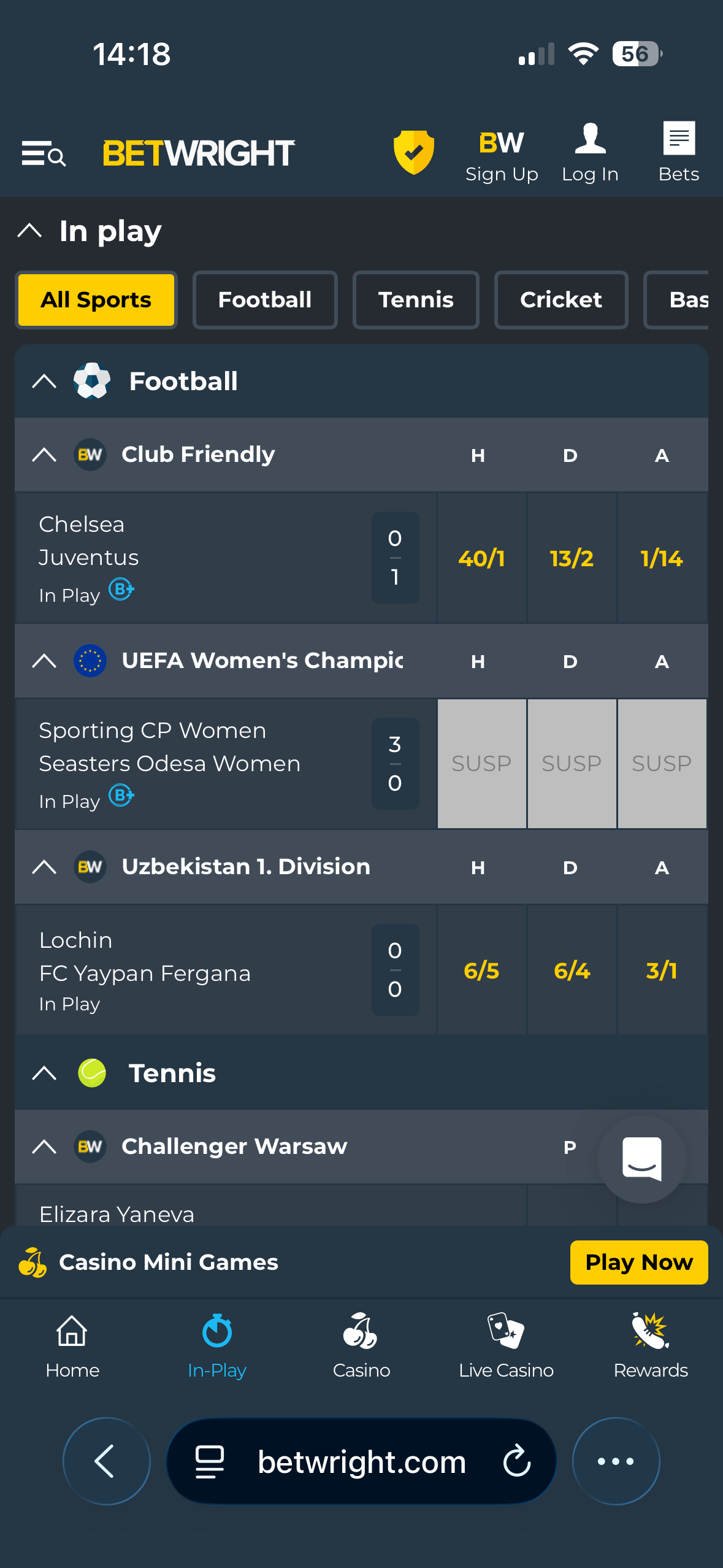 In-Play page on the BetWright mobile site showing live football and tennis fixtures with odds