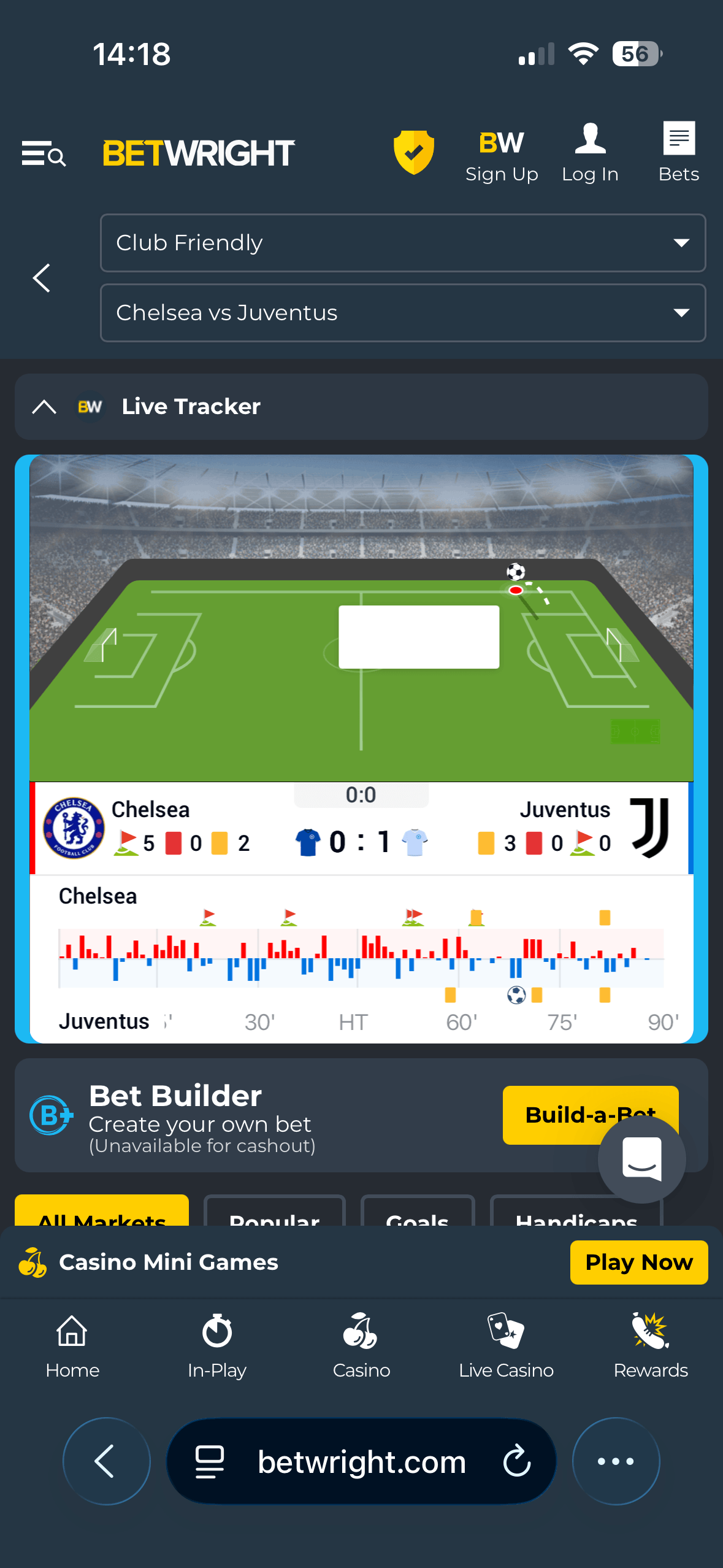 Chelsea vs Juventus match page on the BetWright mobile site showing a live tracker and bet builder
