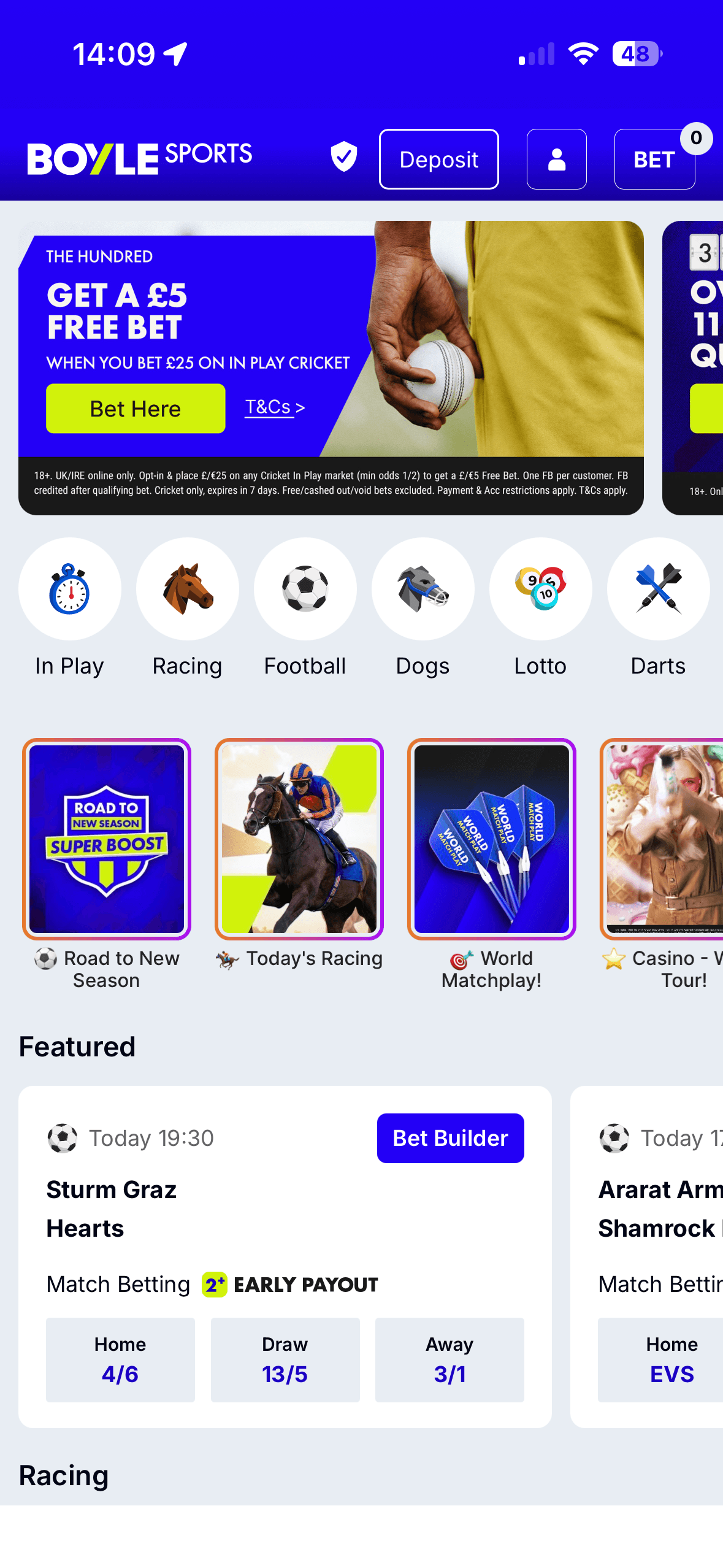 BoyleSports app homepage showing a cricket free bet offer and sport shortcuts