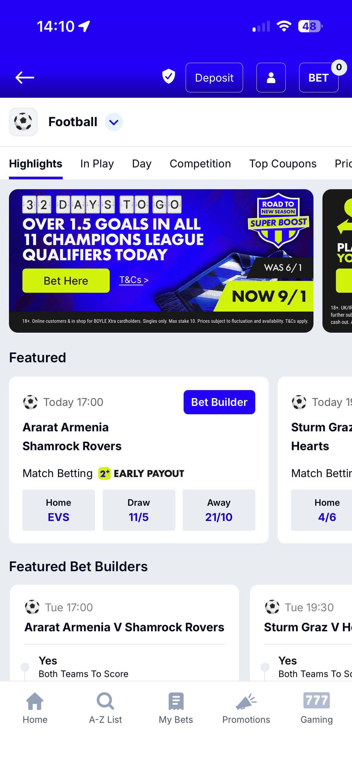 Football Highlights page on the BoyleSports app showing featured matches with Bet Builder options