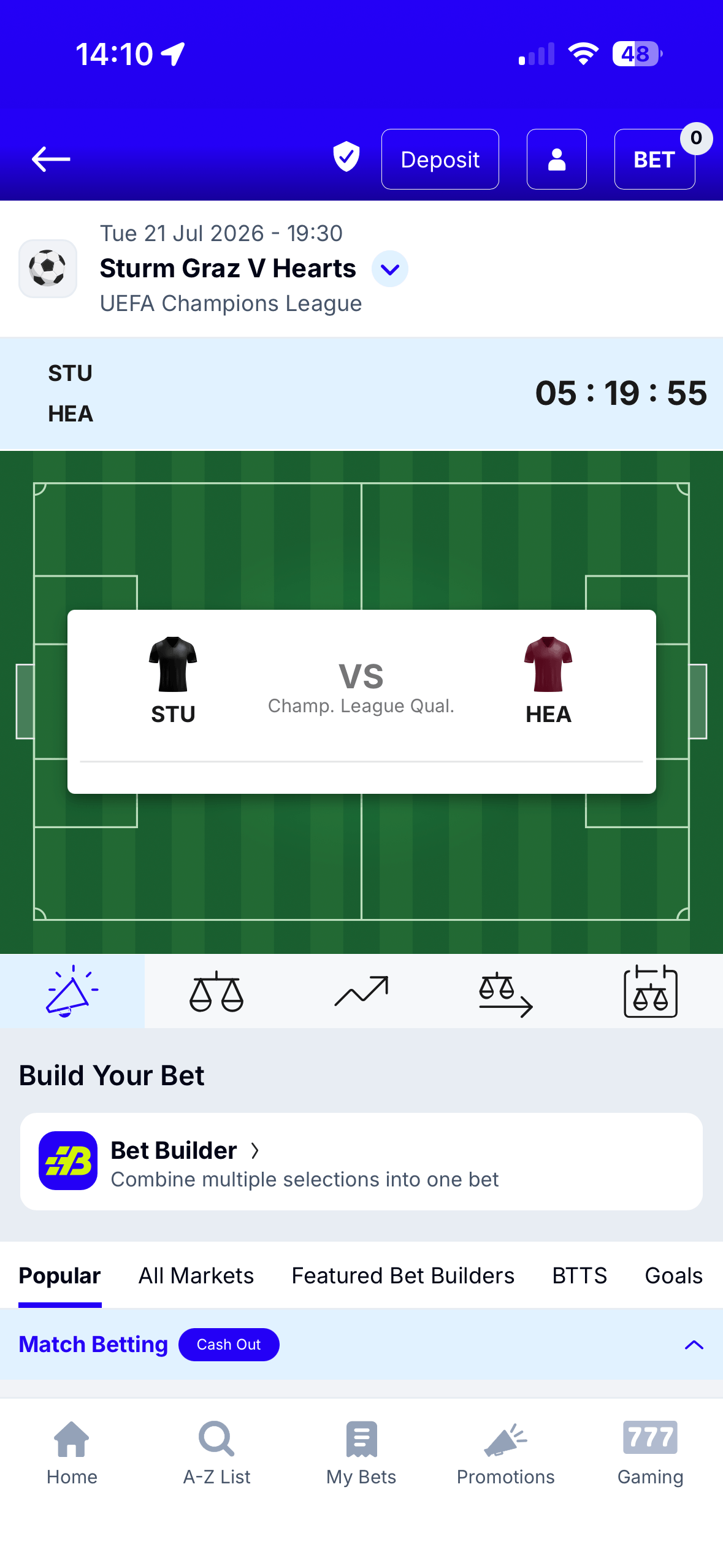 Sturm Graz vs Hearts match page on the BoyleSports app showing Match Betting markets