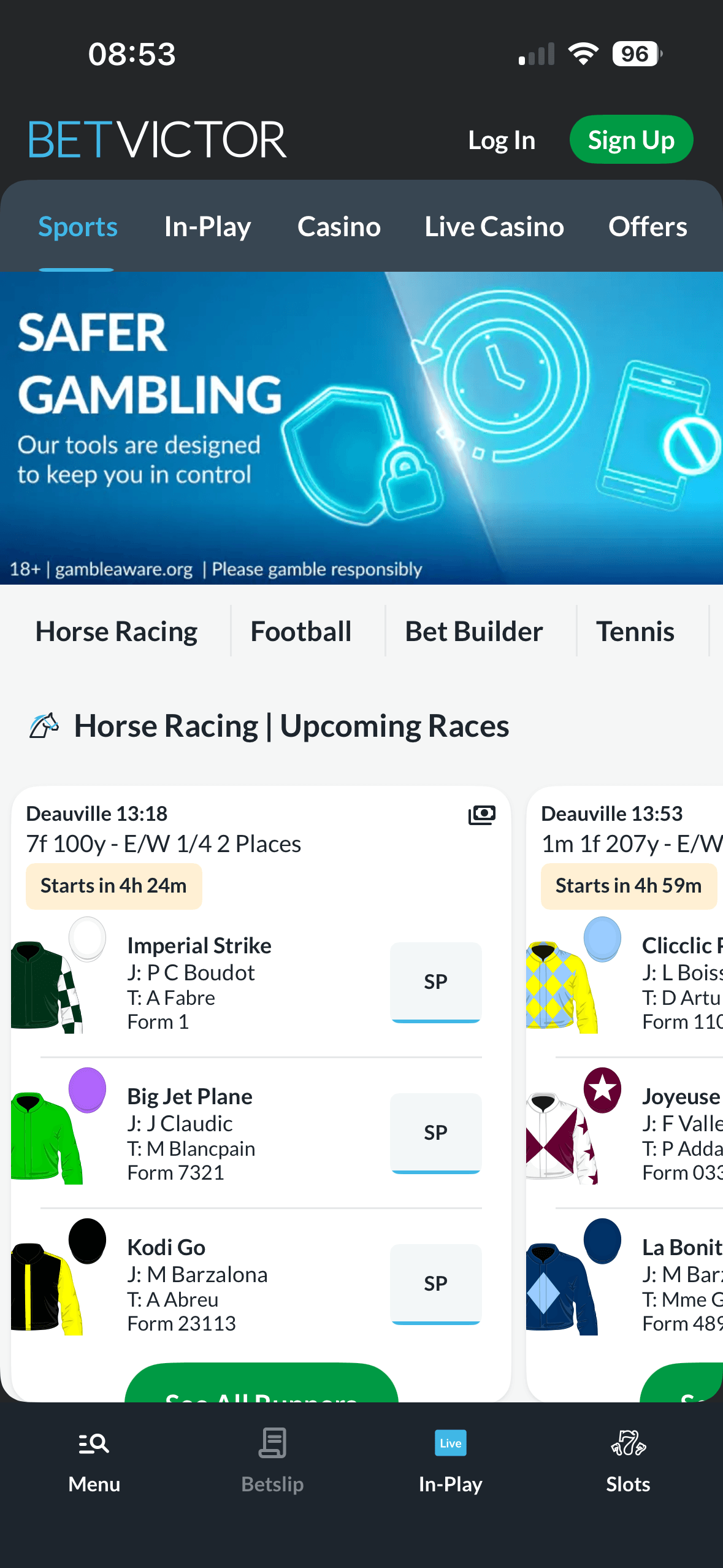 BetVictor app homepage showing a safer gambling banner and upcoming horse racing
