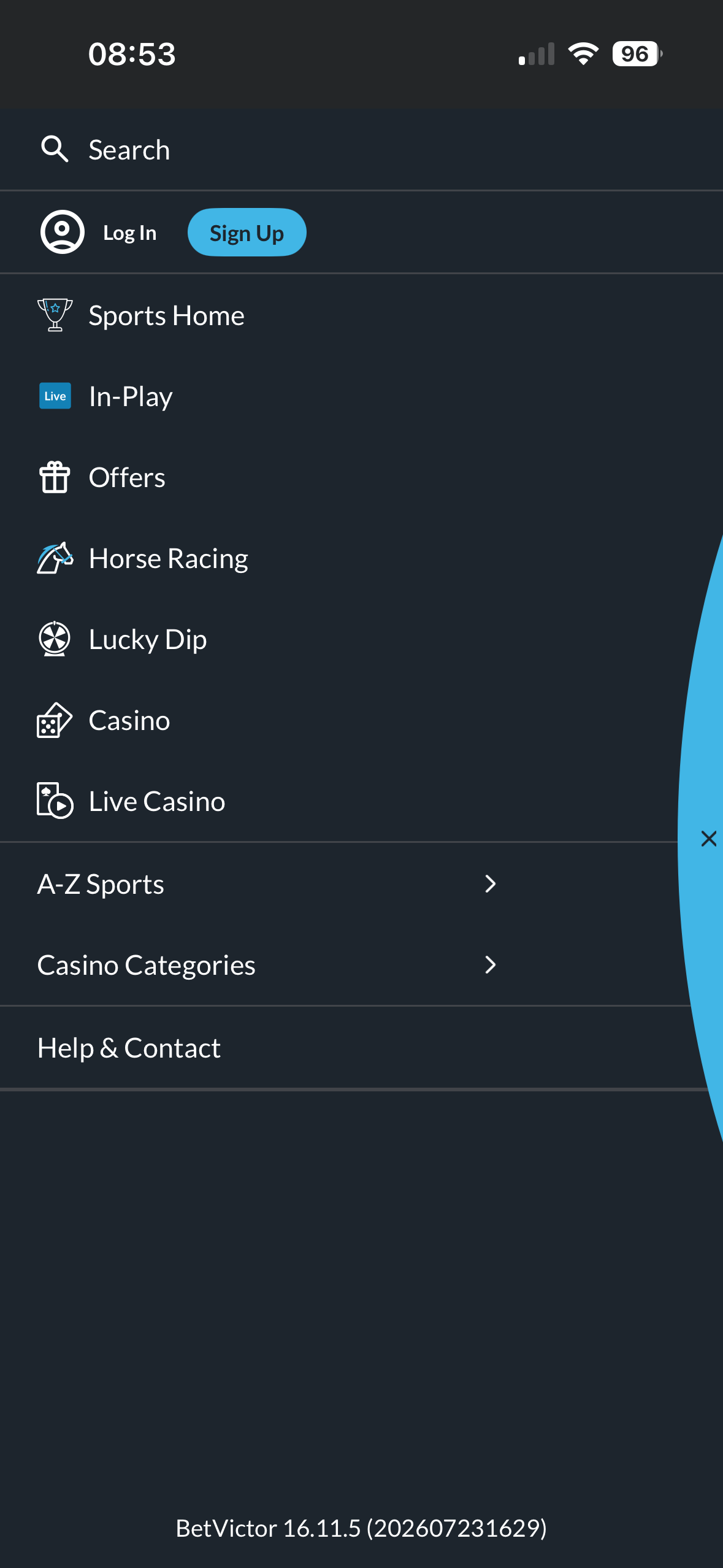 Side menu on the BetVictor app showing Sports Home, In-Play, Offers and Horse Racing