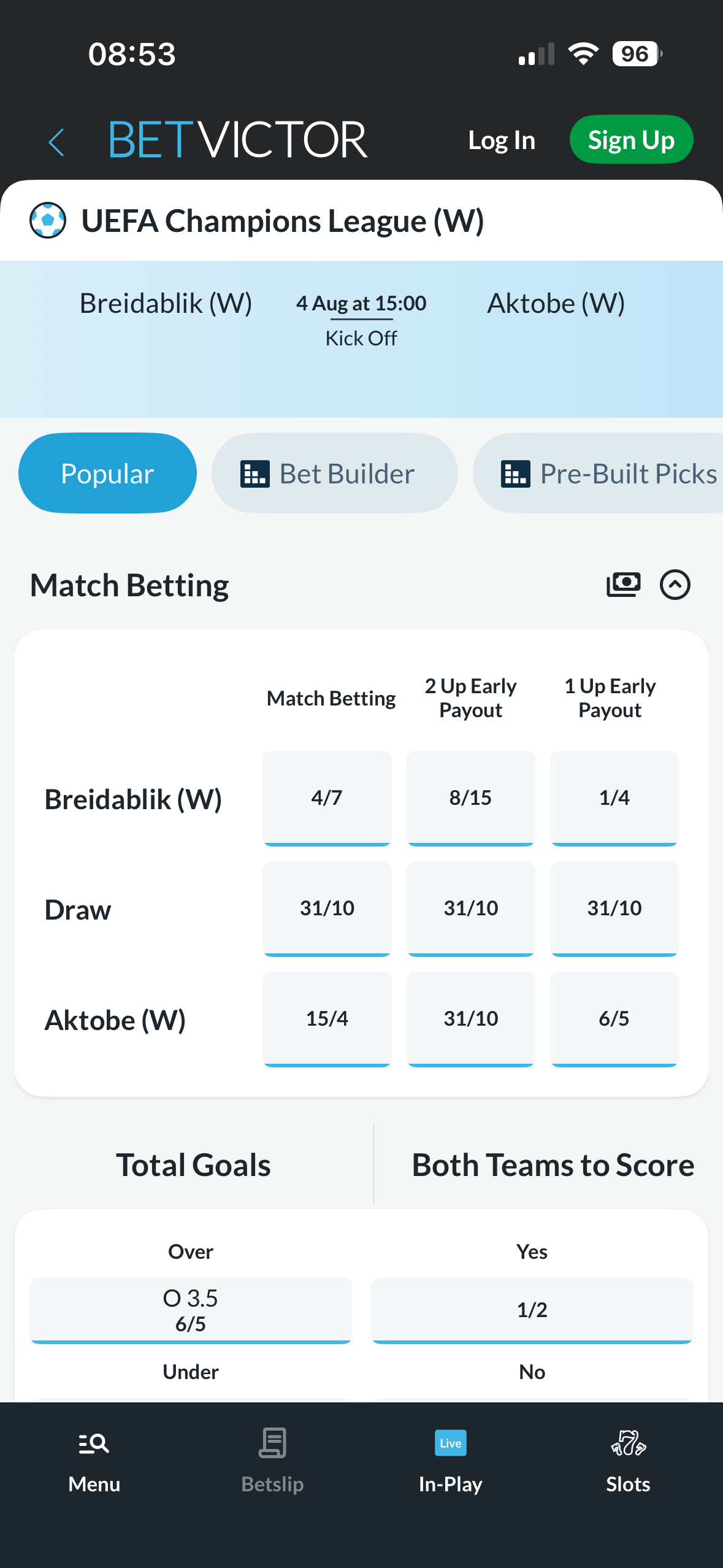 Breidablik vs Aktobe women's match page on the BetVictor app showing Match Betting and Total Goals markets