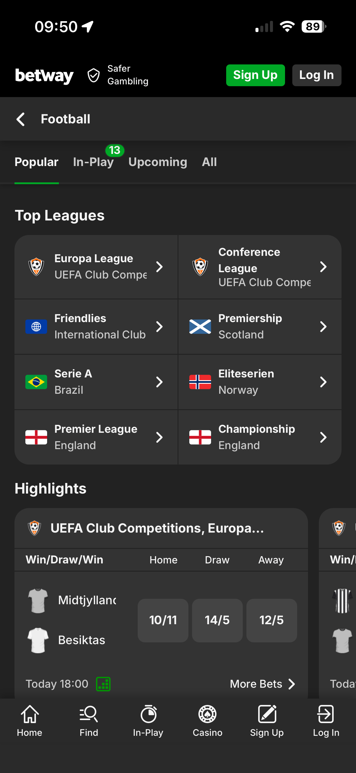 Football page on the Betway app showing Top Leagues and Highlights fixtures including Midtjylland vs Besiktas