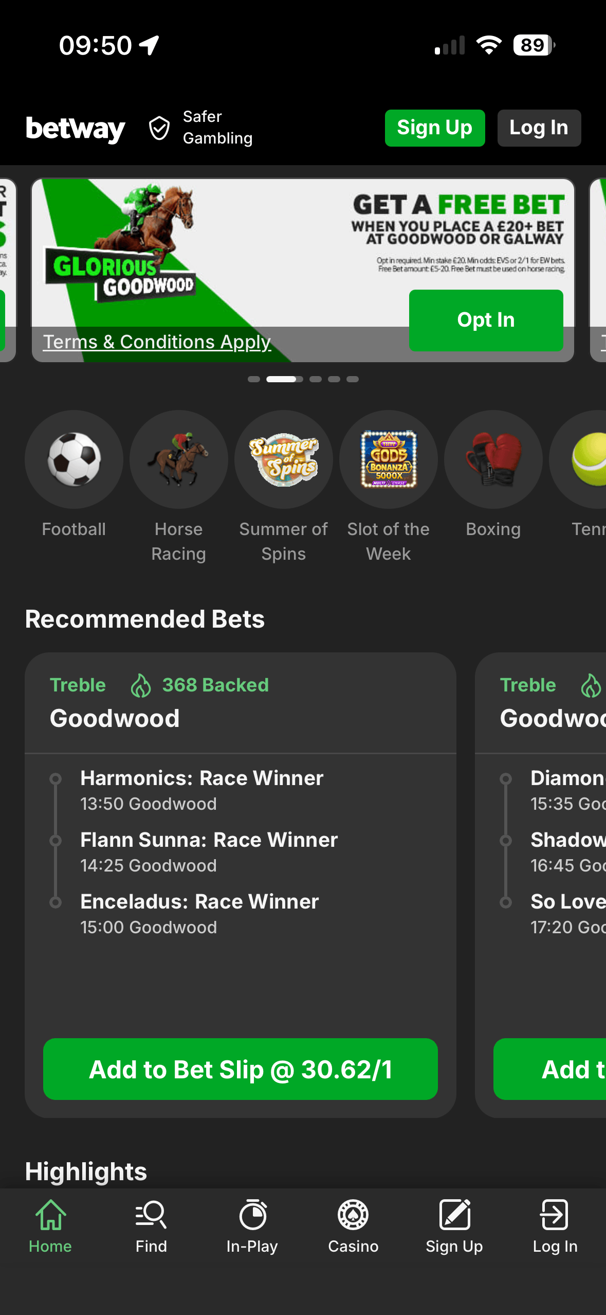 Betway app homepage showing a Glorious Goodwood free bet promo and recommended treble bets