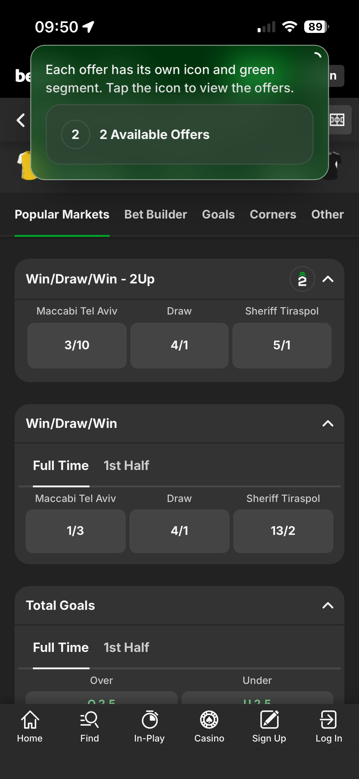 Maccabi Tel Aviv vs Sheriff Tiraspol match page on the Betway app showing Win/Draw/Win and Total Goals markets