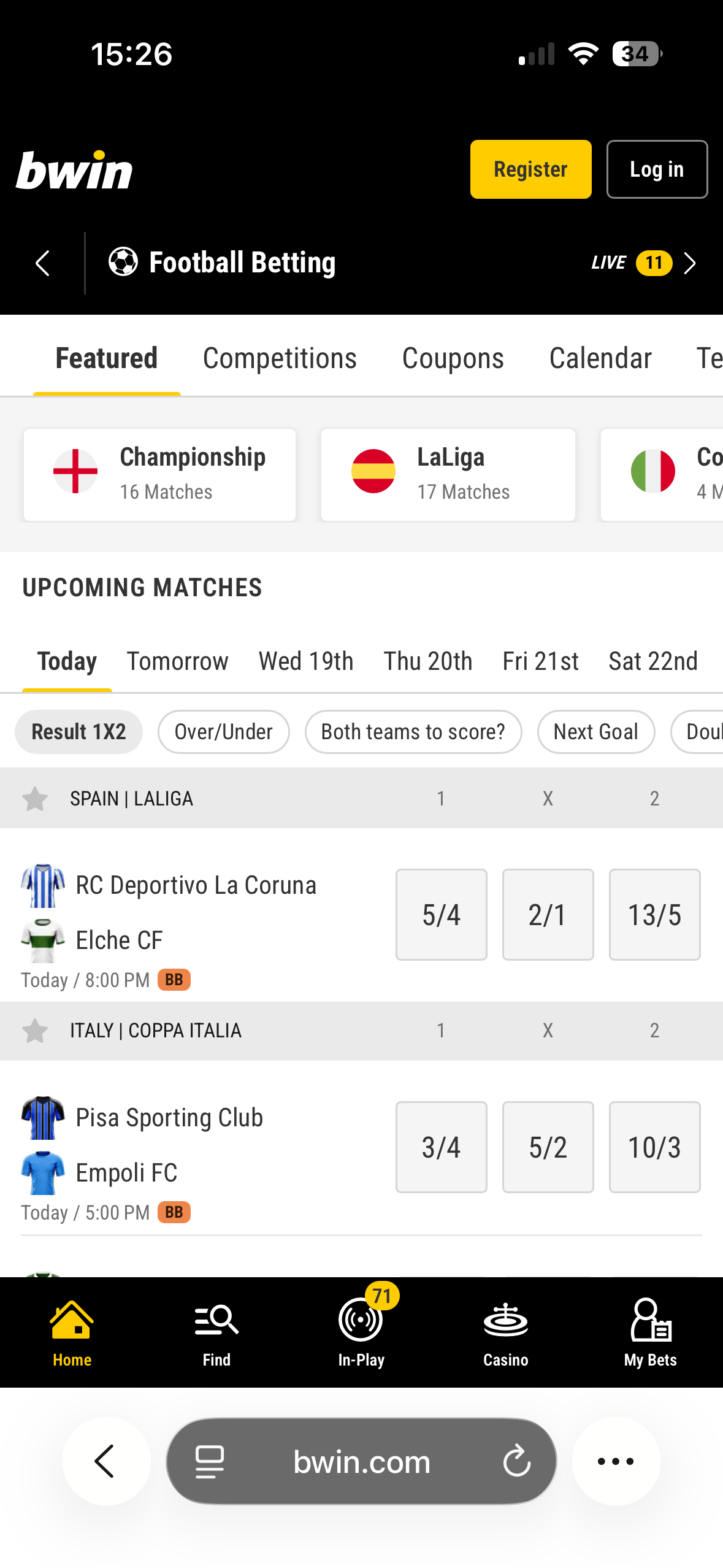 bwin mobile Football Betting listing page showing Featured, Competitions, Coupons and Calendar tabs, Championship 16 Matches and LaLiga 17 Matches tiles, and upcoming match odds for RC Deportivo La Coruna vs Elche CF at 5/4, 2/1, 13/5