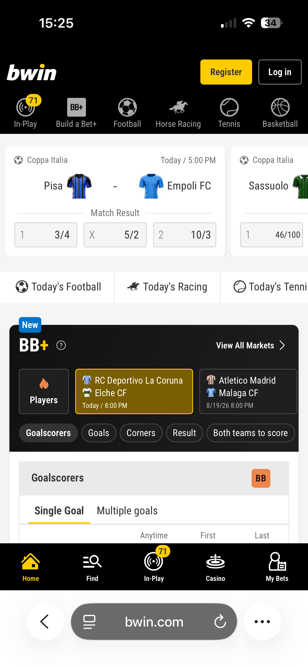 bwin mobile homepage showing In-Play, Build a Bet+, Football, Horse Racing, Tennis and Basketball navigation, a Coppa Italia match Pisa vs Empoli FC priced 3/4, 5/2, 10/3, and a BB+ panel featuring RC Deportivo La Coruna vs Elche CF