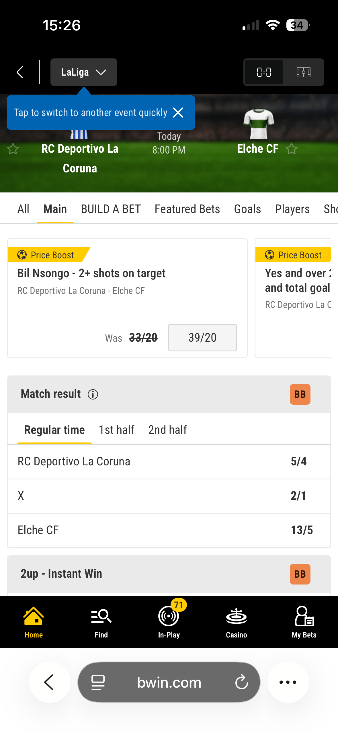 bwin mobile match odds page for RC Deportivo La Coruna vs Elche CF showing a Bil Nsongo 2+ shots on target Price Boost boosted to 39/20, and Match result odds of 5/4, 2/1 and 13/5
