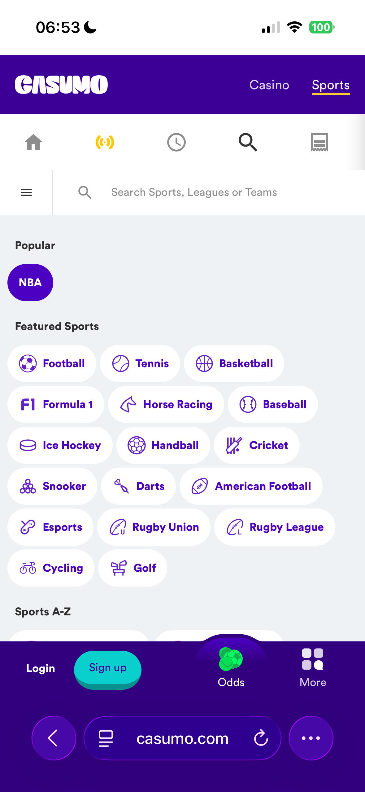Casumo mobile sports homepage showing a Popular NBA shortcut and a Featured Sports grid including Football, Tennis, Basketball, Formula 1, Horse Racing, Baseball and more