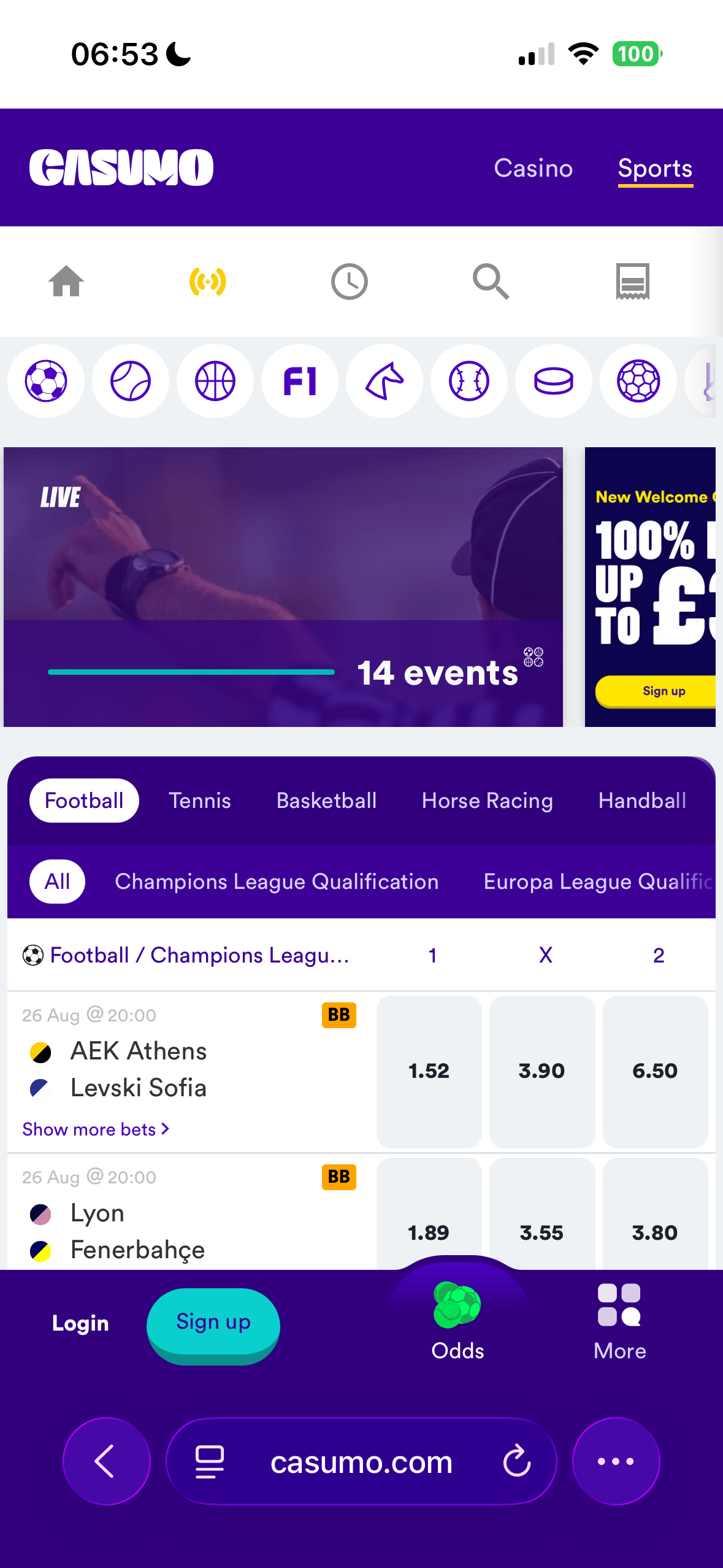 Casumo mobile football listing page showing Champions League Qualification fixtures including AEK Athens vs Levski Sofia priced 1.52, 3.90, 6.50 and Lyon vs Fenerbahçe priced 1.89, 3.55, 3.80