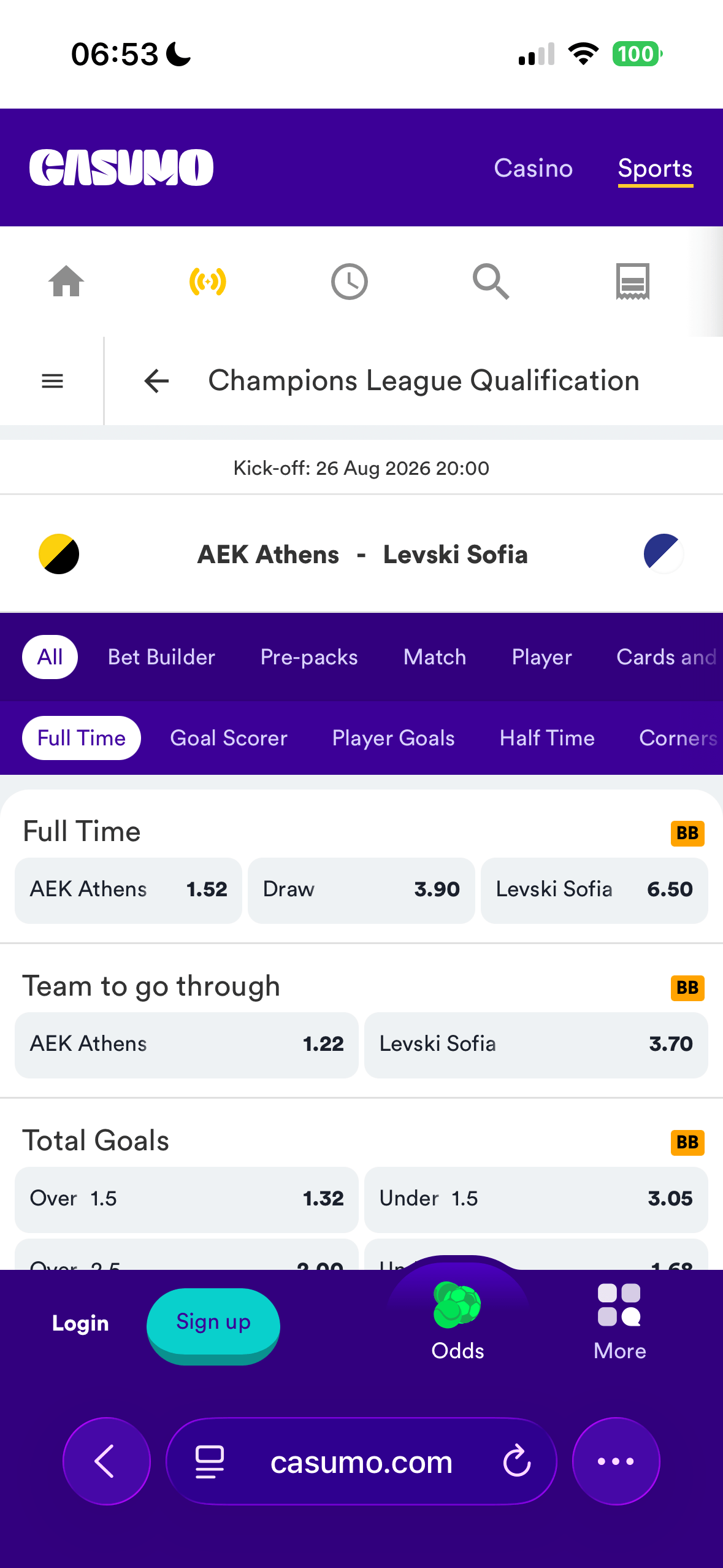 Casumo mobile match odds page for AEK Athens vs Levski Sofia showing Full Time odds of 1.52, 3.90, 6.50, a Team to go through market, and Total Goals Over 1.5 priced at 1.32