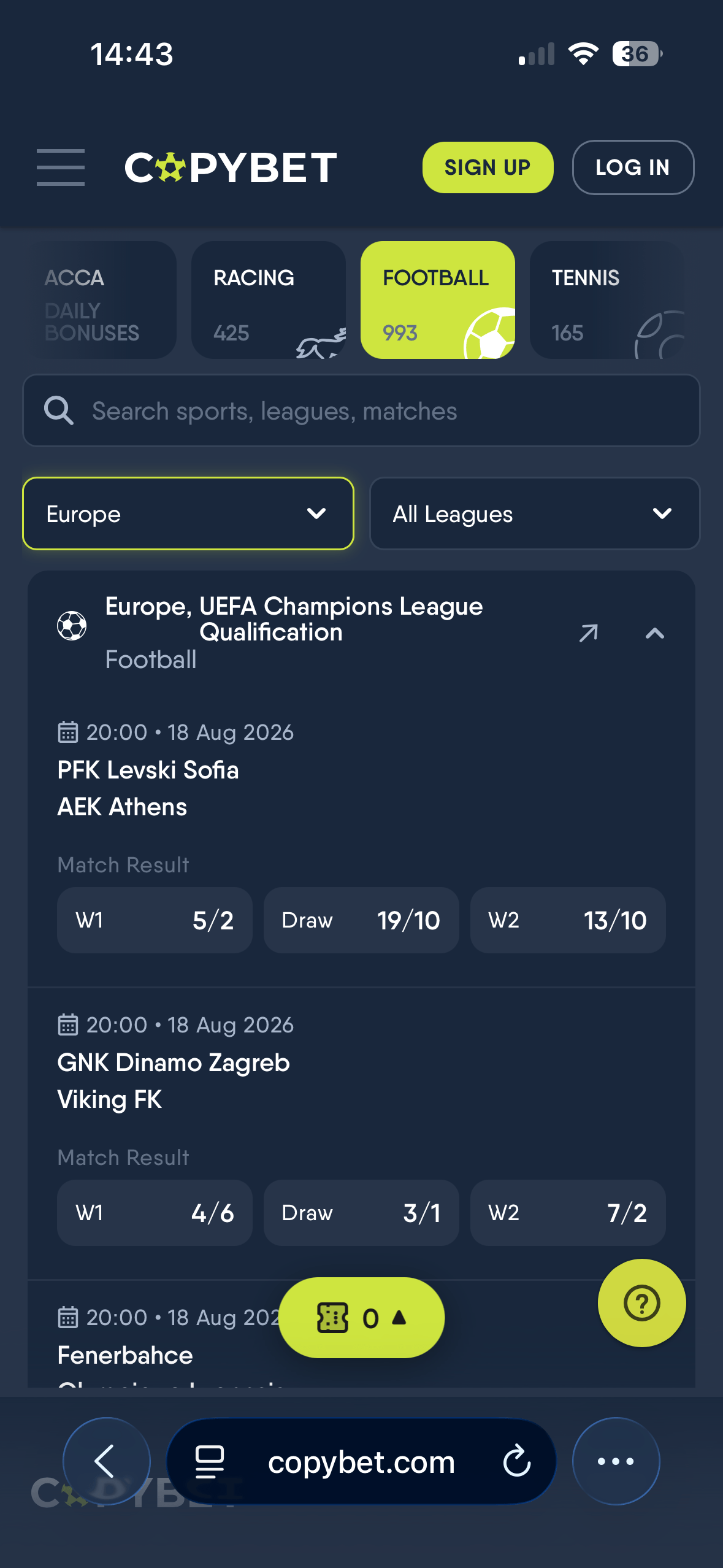 Copybet mobile match odds page for PFK Levski Sofia vs AEK Athens showing Match Result odds of 5/2, 19/10, 13/10 and a boosted Match Result 1UP market at 1/1, 19/10, 5/8