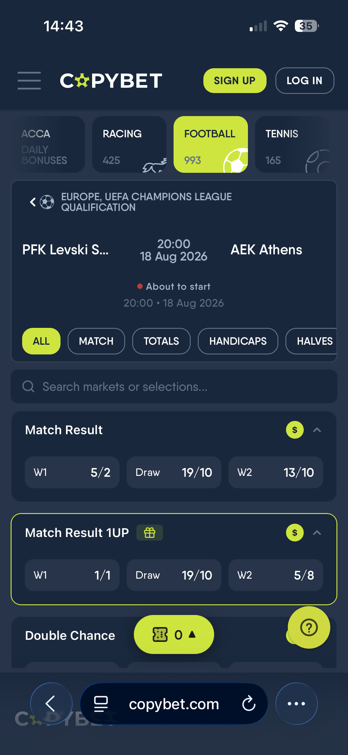 Copybet mobile Signals Feed page with Signals and Leaderboard tabs, showing tipster picks from Chepstow horse racing with Follow buttons next to tipsters Swiss1973 and Agzy