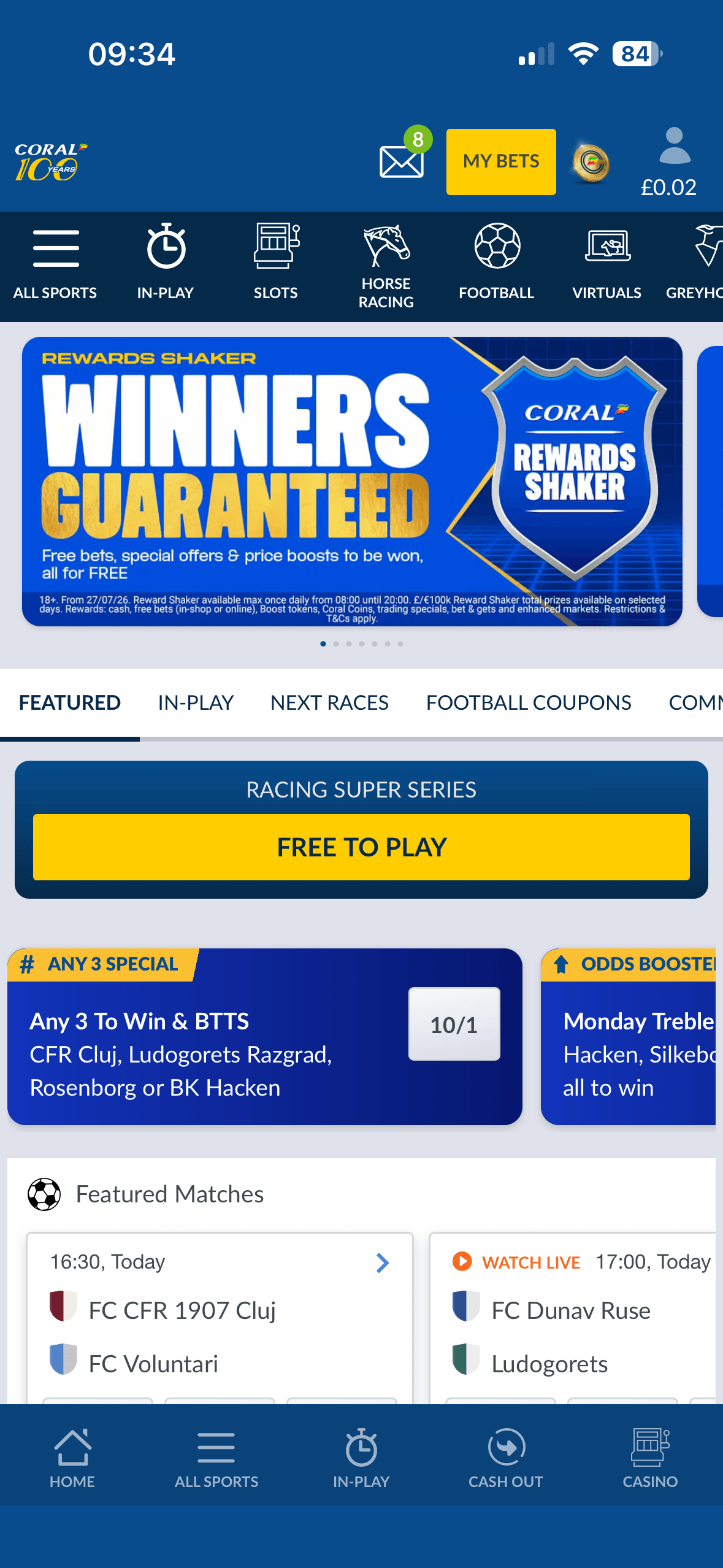 Coral app homepage showing sport shortcuts and the Rewards Shaker promo