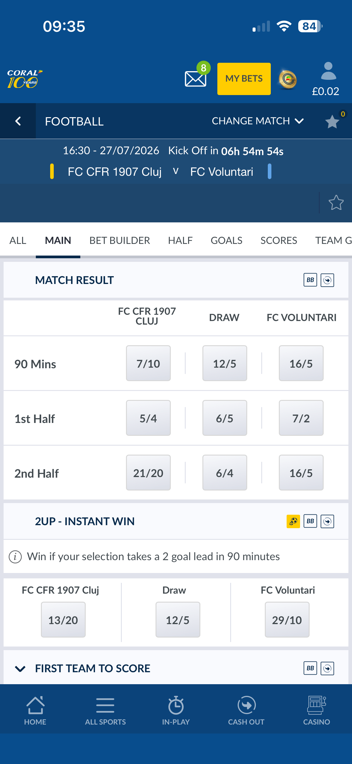 FC CFR 1907 Cluj vs FC Voluntari match page on the Coral app showing Match Result and 2UP Instant Win markets