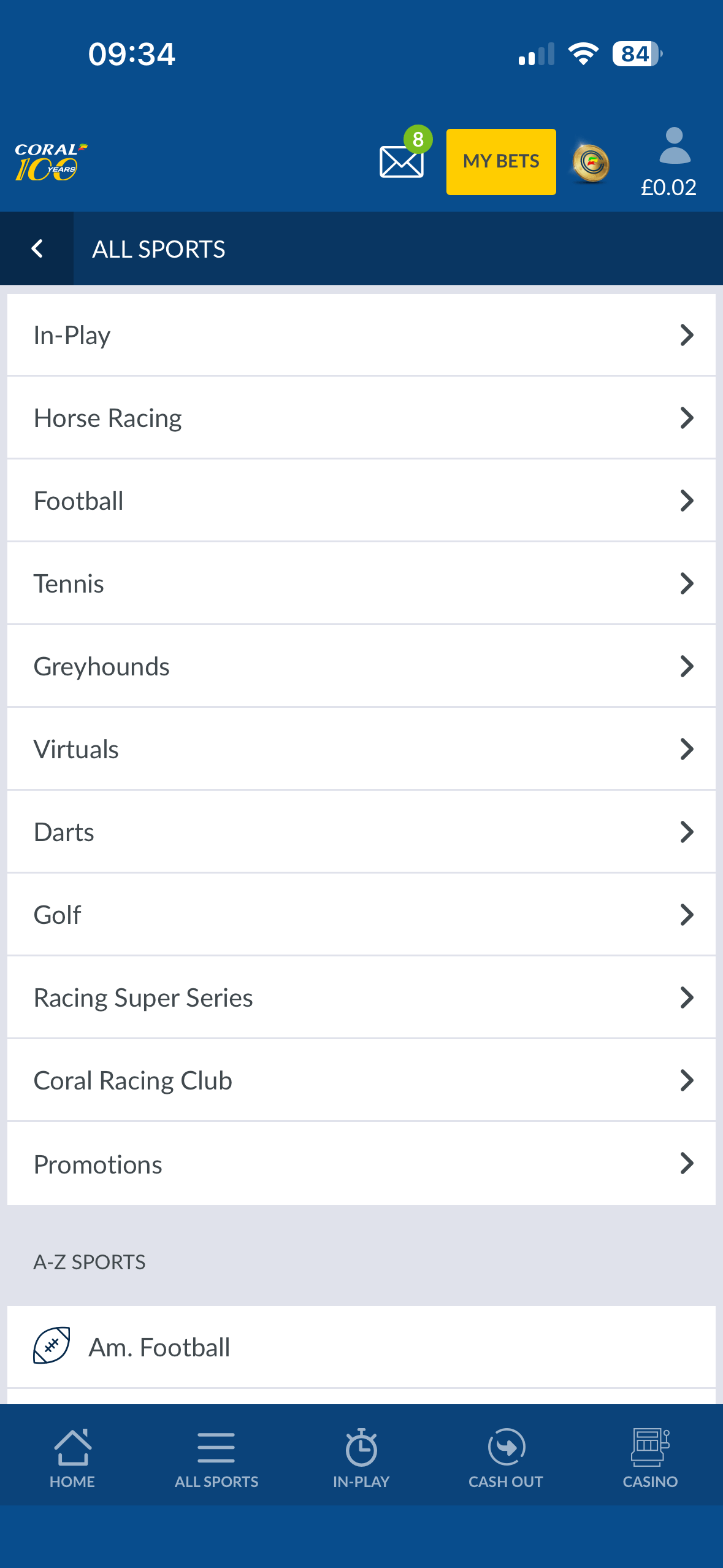 All Sports menu on the Coral app showing In-Play, Horse Racing, Football and Tennis