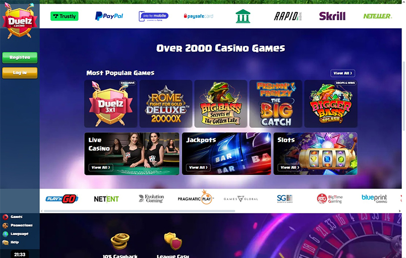 Duelz online casino homepage