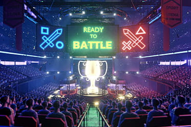 A full arena surrounds an eSports stage.