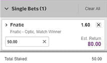 A Betway betting slip for an esport market showing stake and bet order option
