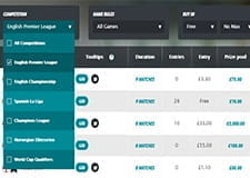 The FantasyBet league page, displaying all the competitions you can take part in