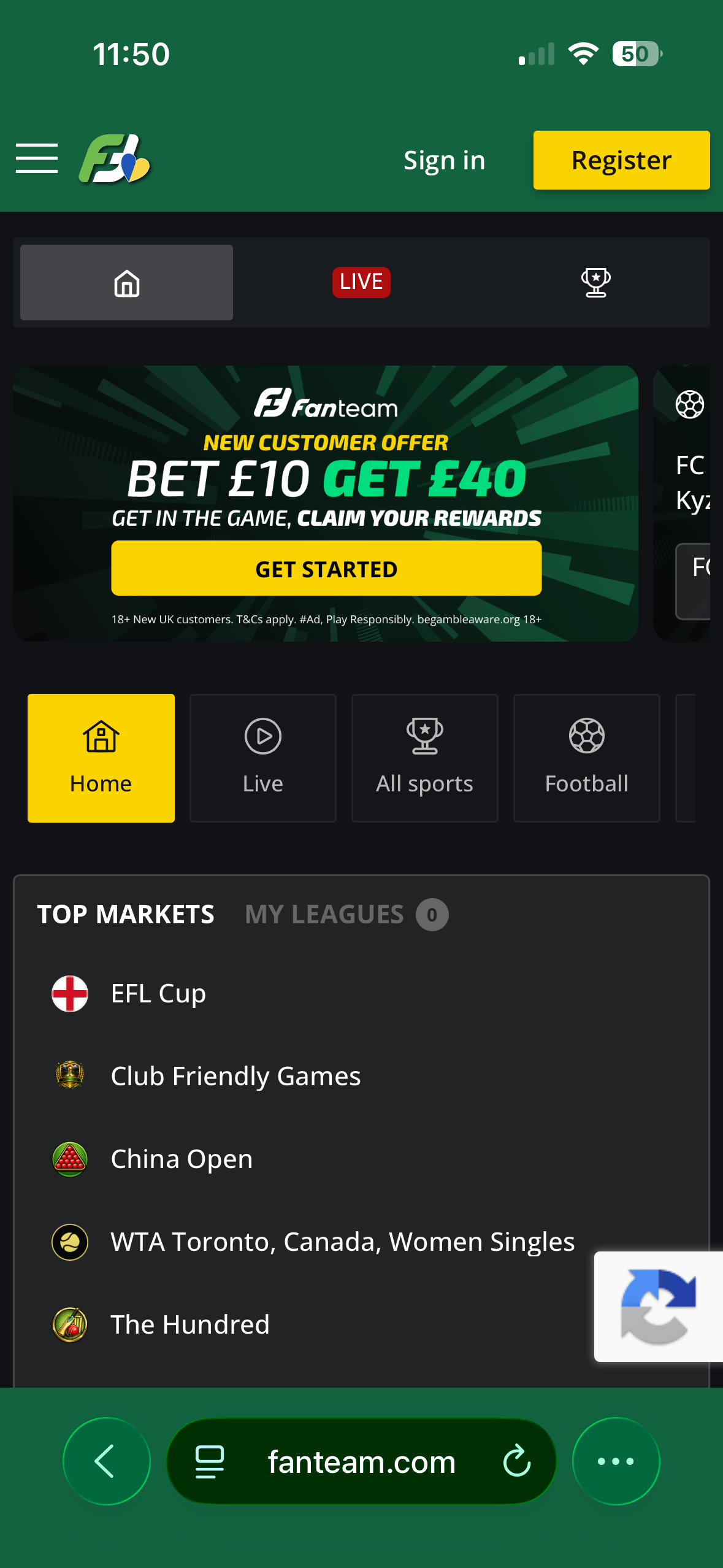 FanTeam mobile site homepage showing a bet £10 get £40 new customer offer