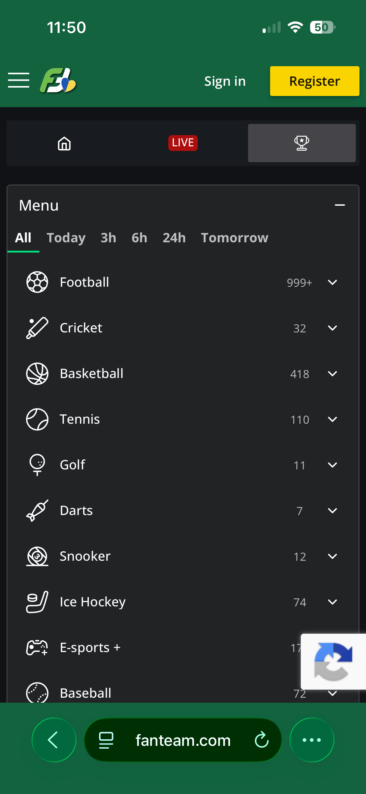 Sports menu on the FanTeam mobile site showing Football, Cricket, Basketball, Tennis and Golf