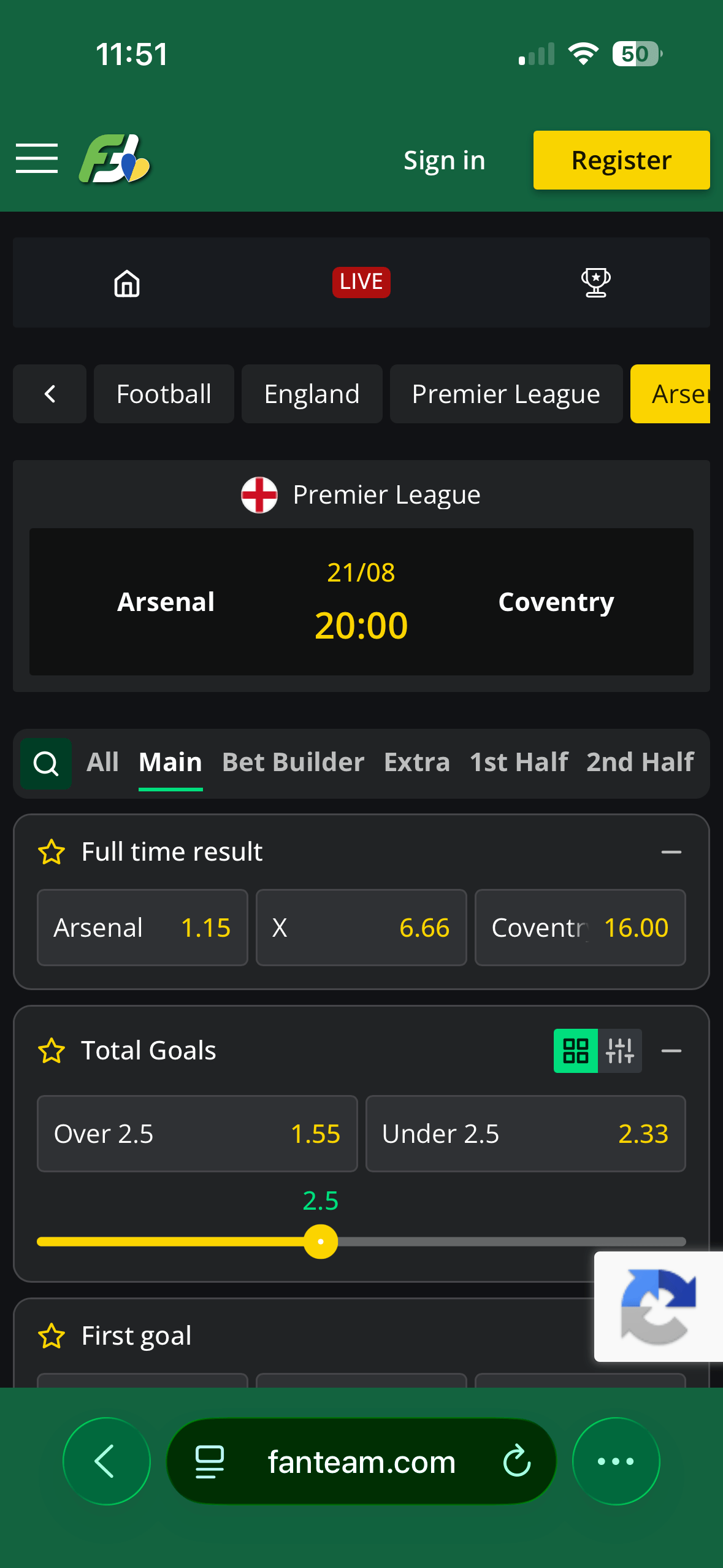 Arsenal vs Coventry match page on the FanTeam mobile site showing Full Time Result and Total Goals markets