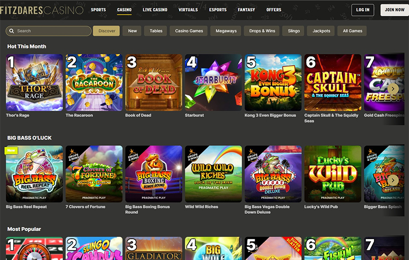 Fitzdares online casino homepage