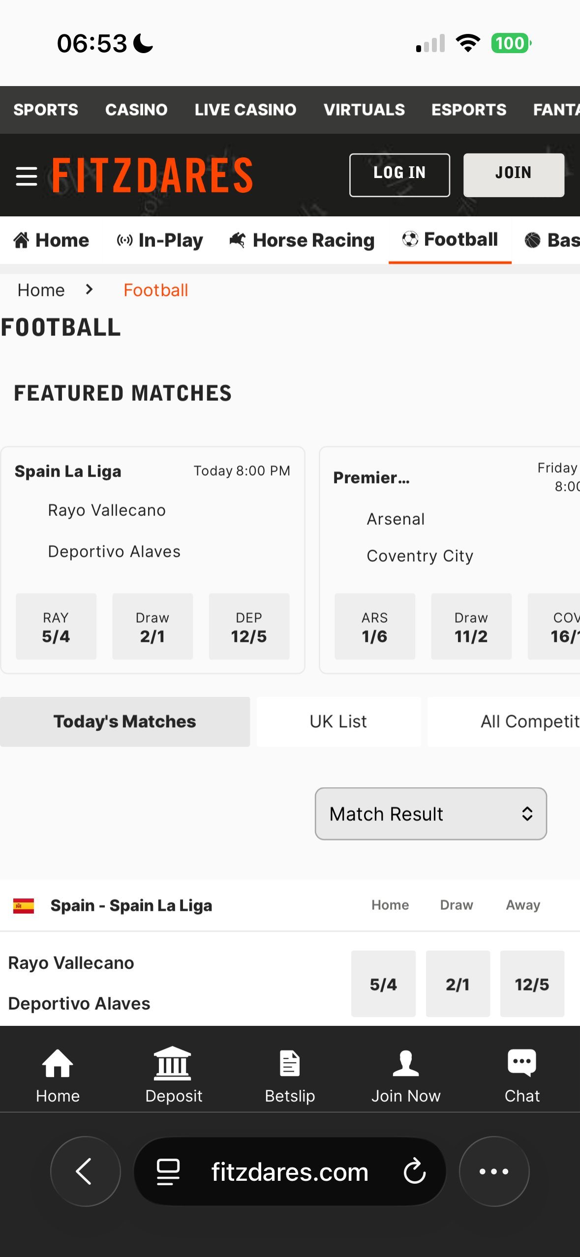 Fitzdares mobile Football listing page showing Featured Matches including Rayo Vallecano vs Deportivo Alaves priced 5/4, 2/1, 12/5 and Arsenal vs Coventry City priced 1/6, 11/2, 16/1
