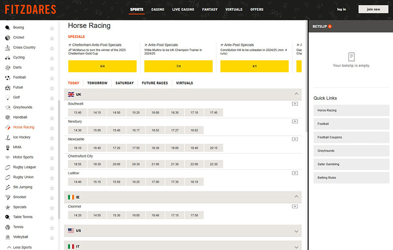 Fitzdares horse racing page