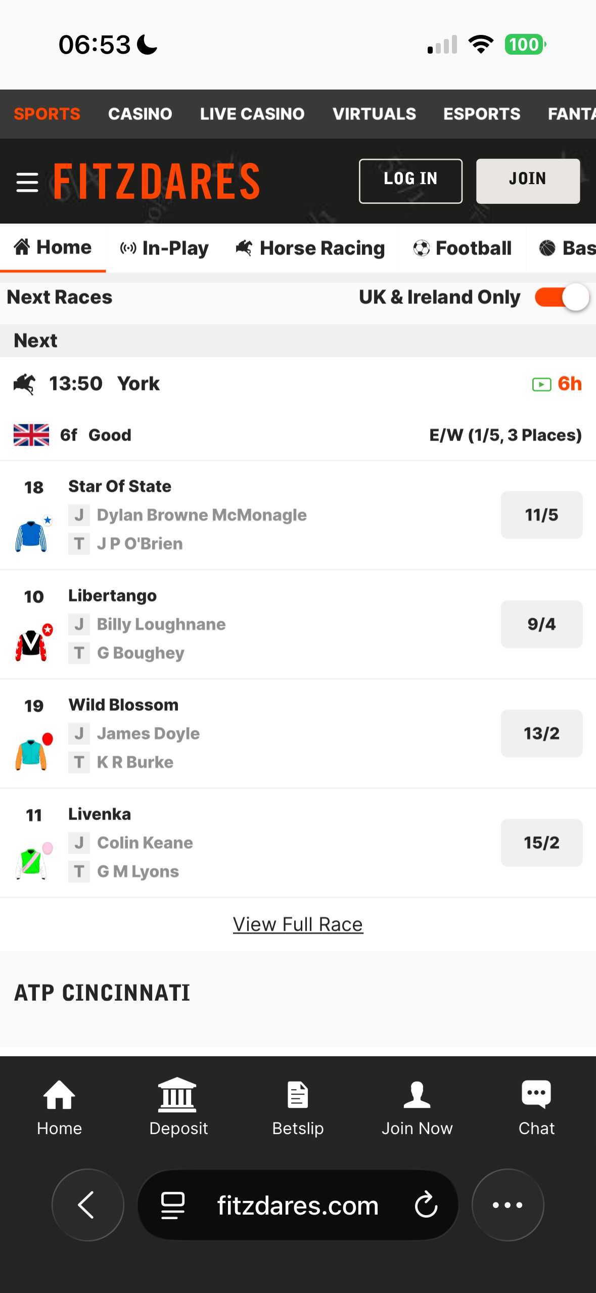 Fitzdares mobile homepage showing Next Races with a UK & Ireland Only toggle and the 13:50 York race card featuring Star Of State at 11/5, Libertango at 9/4, Wild Blossom at 13/2 and Livenka at 15/2