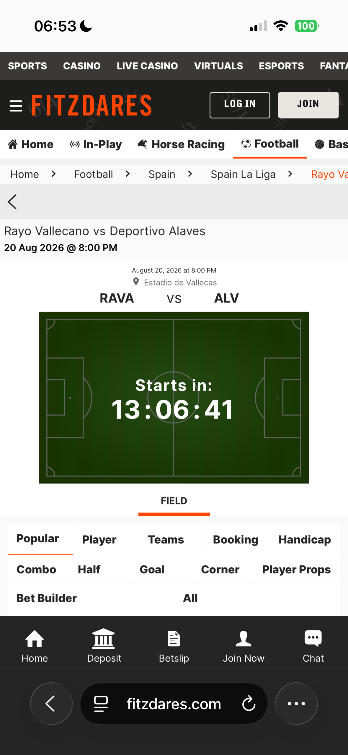 Fitzdares mobile match odds page for Rayo Vallecano vs Deportivo Alaves at Estadio de Vallecas showing a kickoff countdown and market tabs including Popular, Player, Teams, Booking, Handicap and Bet Builder