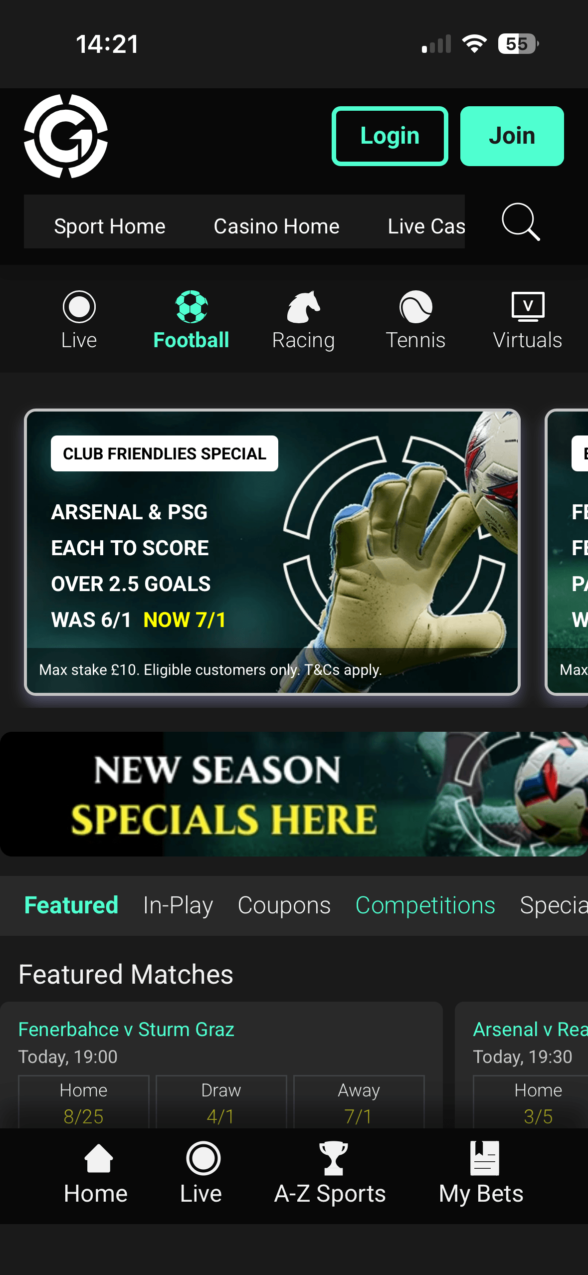 Football section on the Grosvenor app showing a club friendlies special and featured matches including Fenerbahce v Sturm Graz
